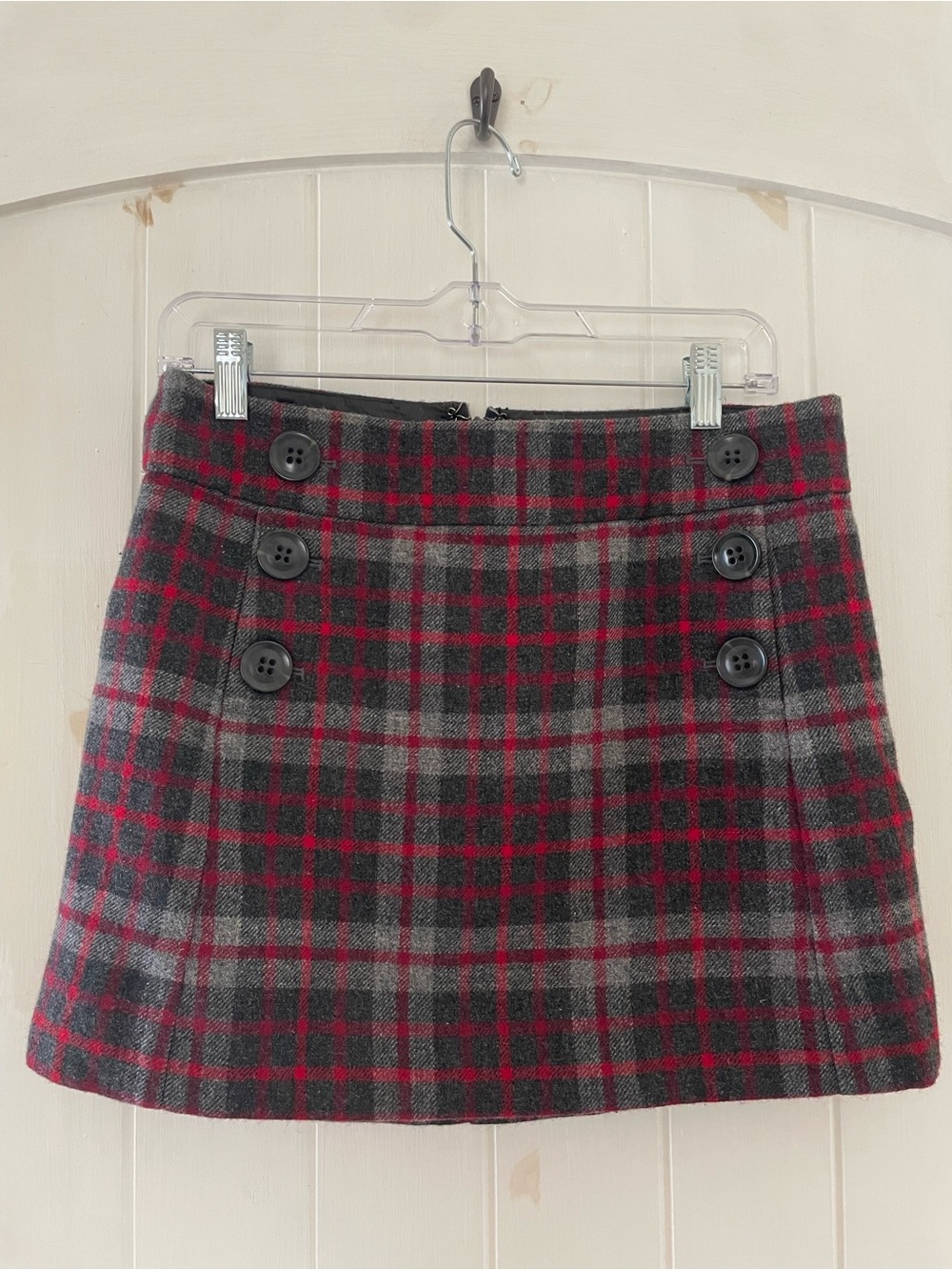 Gap Red Gray Black Plaid Tweed A-Line Mini Skirt Button Lined Size 2